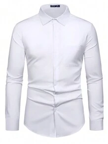 Manfinity Mode Men Pocket Patched Button Up Shirt, For Fall, Long Sleeve Top - White - View 2