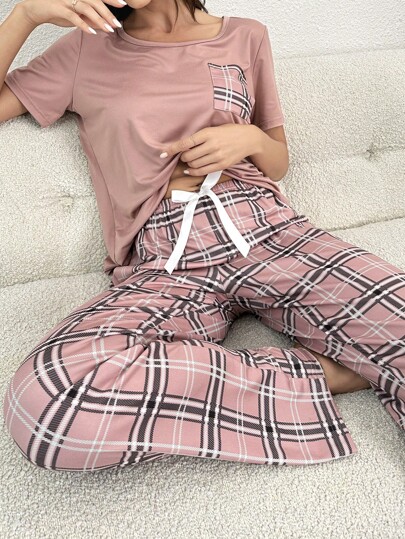 Plaid Print Bow Front PJ Set Pajama Tie