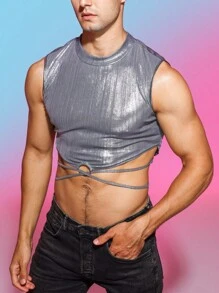 Manfinity Fever City Nam Crisscross Buộc lại Kim loại Áo ba lỗ - Bạc - Xem 1