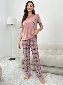 Plaid Print Bow Front PJ Set / Pajama Set Bow Tie - Dusty Pink - View 3