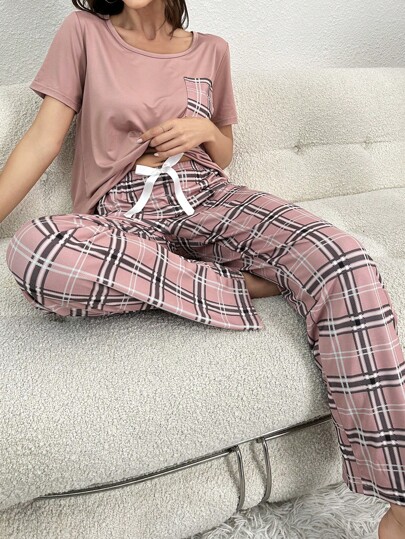 Plaid Print Bow Front PJ Set Pajama Tie view 4