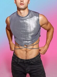 Manfinity Fever City Nam Crisscross Buộc lại Kim loại Áo ba lỗ - Bạc - Xem 3