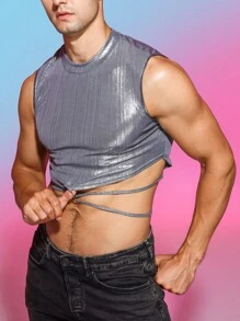 Manfinity Fever City Nam Crisscross Buộc lại Kim loại Áo ba lỗ - Bạc - Xem 4