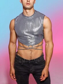 Manfinity Fever City Nam Crisscross Buộc lại Kim loại Áo ba lỗ - Bạc - Xem 5