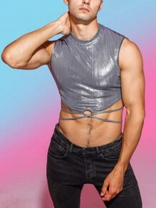 Manfinity Fever City Nam Crisscross Buộc lại Kim loại Áo ba lỗ - Bạc - Xem 6