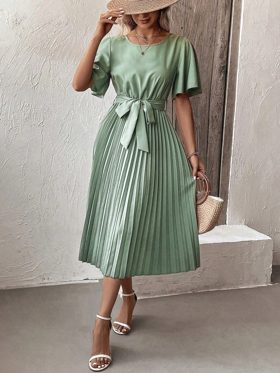 SHEIN LUNE 蝴蝶袖百褶下擺繫腰帶連衣裙 - 綠色 - 查看 1