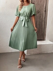 SHEIN LUNE 蝴蝶袖百褶下擺繫腰帶連衣裙 - 綠色 - 查看 3