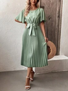 SHEIN LUNE 蝴蝶袖百褶下擺繫腰帶連衣裙 - 綠色 - 查看 5