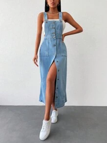 EURMUSE Button Front Denim Pinafore Dress Without Tube Top - Light Wash - View 1