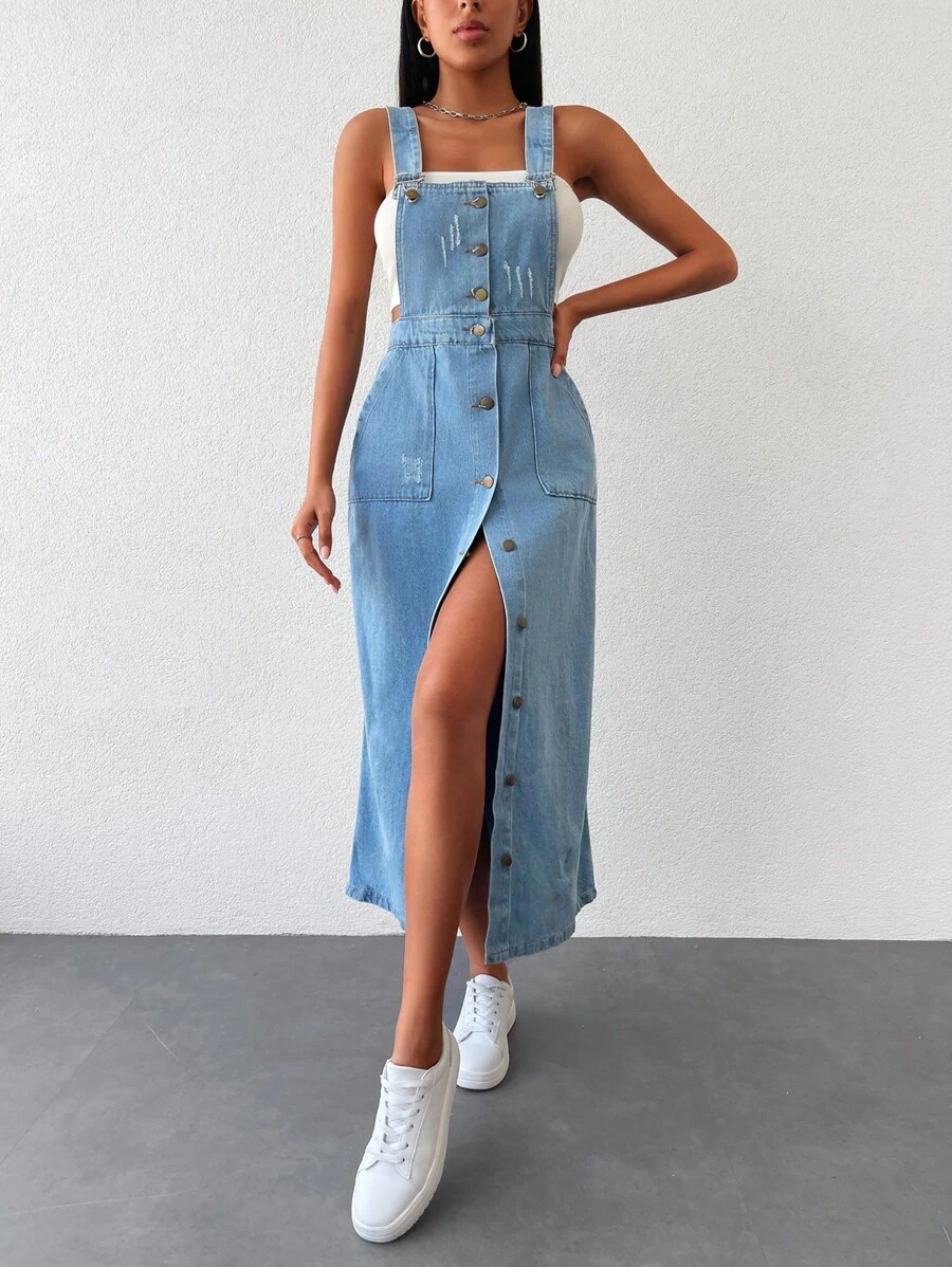 EURMUSE Button Front Denim Pinafore Dress Without Tube Top - Light Wash - View 1