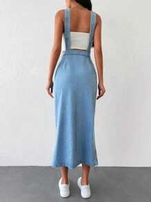 EURMUSE Button Front Denim Pinafore Dress Without Tube Top - Light Wash - View 2