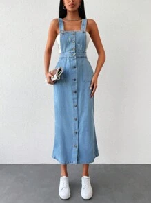 EURMUSE Button Front Denim Pinafore Dress Without Tube Top - Light Wash - View 3