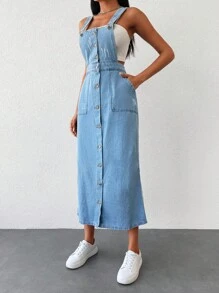 EURMUSE Button Front Denim Pinafore Dress Without Tube Top - Light Wash - View 4