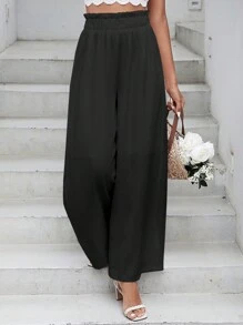 SHEIN VCAY 紙袋腰闊腿褲 - 黑色 - 查看 1