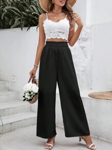 SHEIN VCAY 紙袋腰闊腿褲 - 黑色 - 查看 5