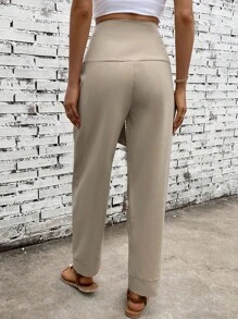 SHEIN LUNE Solid Self Belted Carrot Pants Fall Cloth For Women - Khaki - View 2