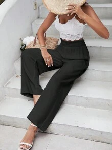 SHEIN VCAY 紙袋腰闊腿褲 - 黑色 - 查看 6