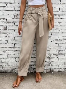 SHEIN LUNE Solid Self Belted Carrot Pants Fall Cloth For Women - Khaki - View 3