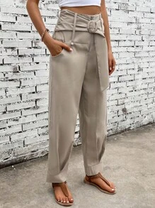 SHEIN LUNE Solid Self Belted Carrot Pants Fall Cloth For Women - Khaki - View 4