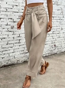 SHEIN LUNE Solid Self Belted Carrot Pants Fall Cloth For Women - Khaki - View 1