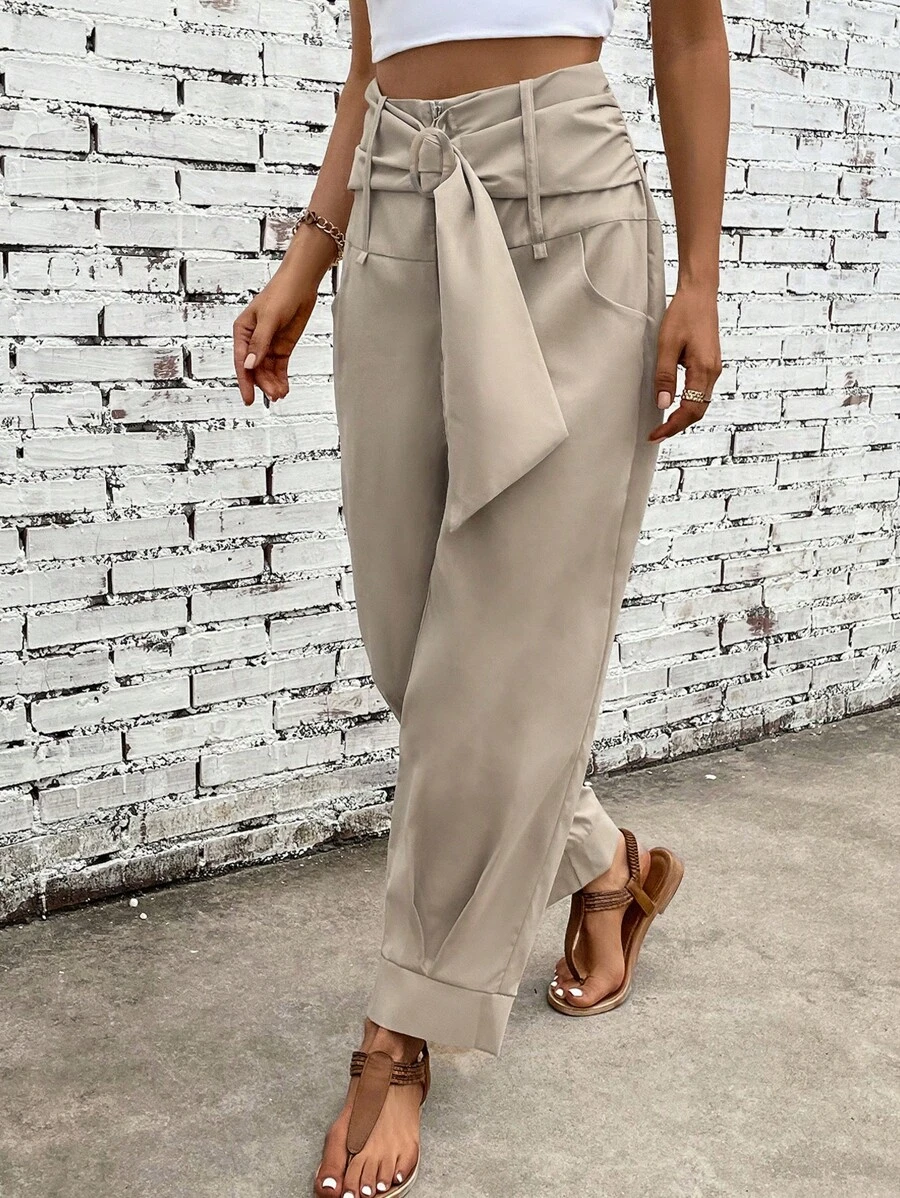 SHEIN LUNE Solid Self Belted Carrot Pants Fall Cloth For Women - Khaki - View 1