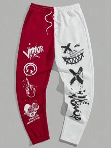 Manfinity RebelGame Men Cartoon Graphic Two Tone Drawstring Waist Joggers - Red and White - View 1