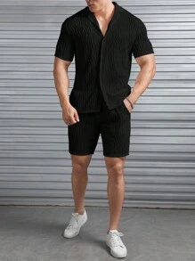 Manfinity VCAY Nam Chất rắn Cổ áo Áo sơ mi & Quần short - màu đen - Xem 4
