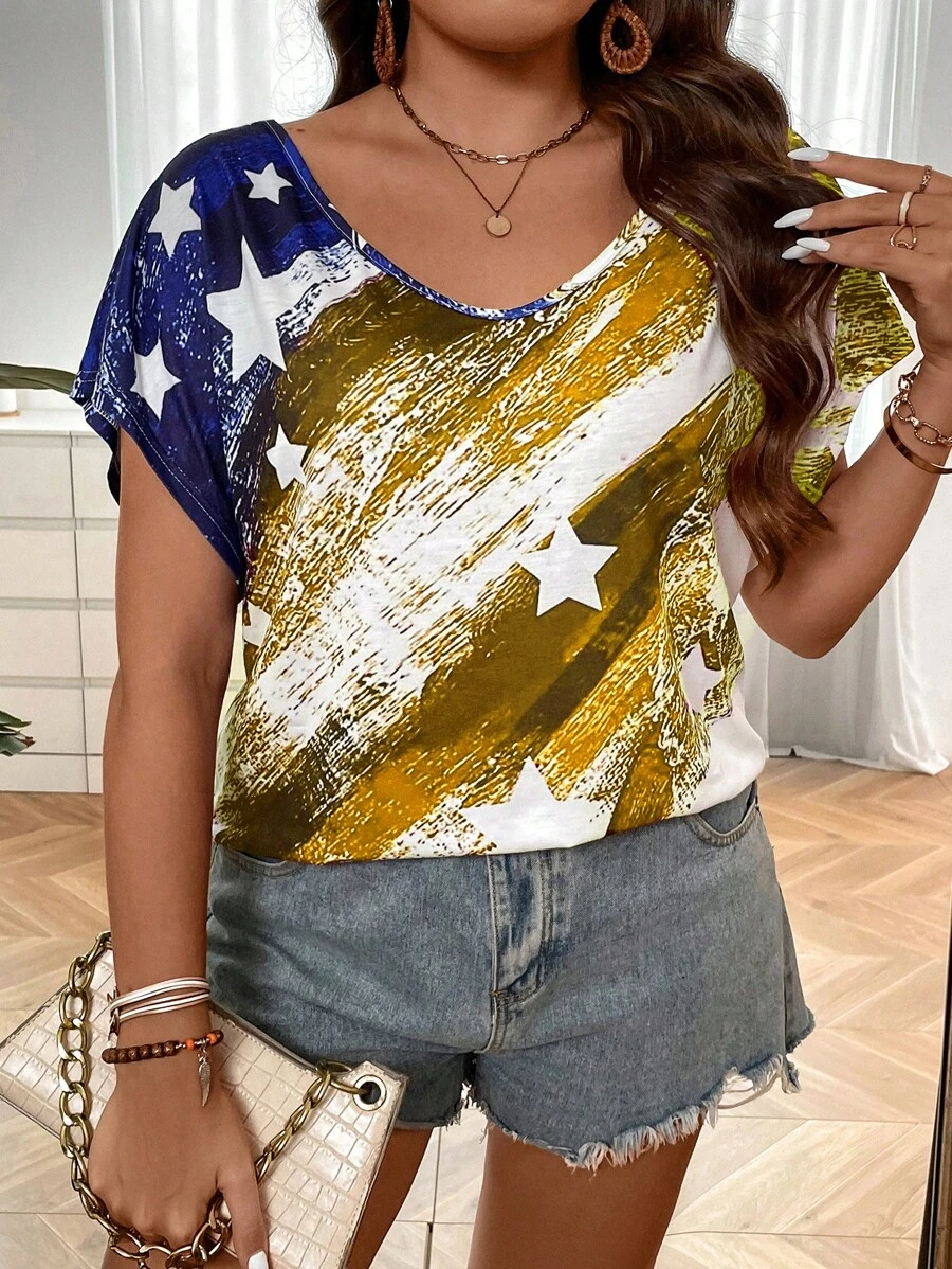 SHEIN LUNE 大碼星星印花蝙蝠袖T恤 - 彩色 - 查看 1