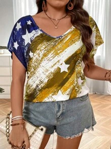 SHEIN LUNE 大碼星星印花蝙蝠袖T恤 - 彩色 - 查看 4