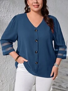 SHEIN LUNE Plus Mesh Insert Button Front Blouse - Dusty Blue - View 1