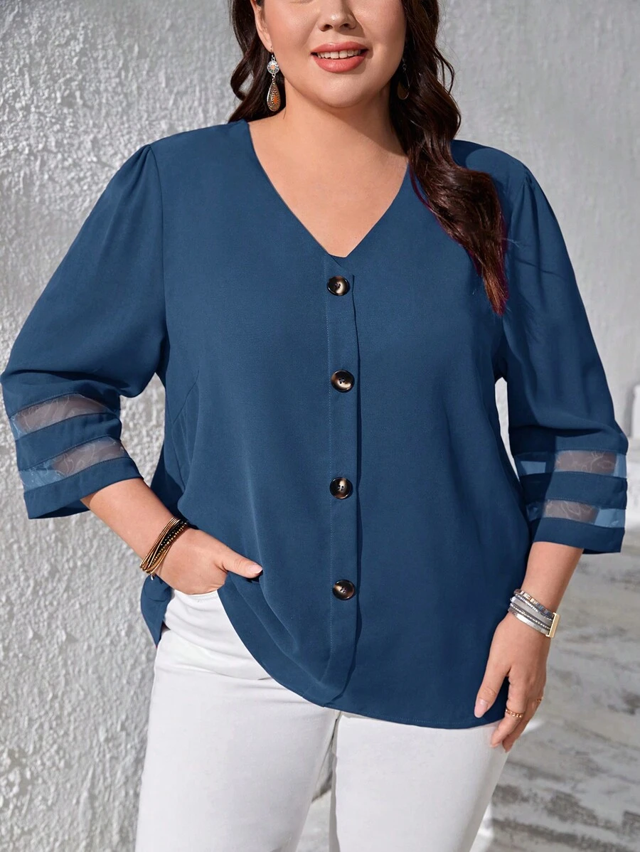 SHEIN LUNE Plus Mesh Insert Button Front Blouse - Dusty Blue - View 1