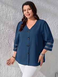 SHEIN LUNE Plus Mesh Insert Button Front Blouse - Dusty Blue - View 3