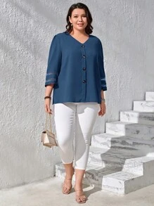 SHEIN LUNE Plus Mesh Insert Button Front Blouse - Dusty Blue - View 4