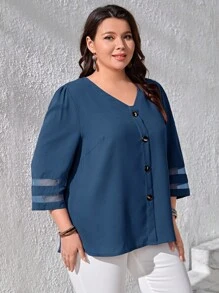 SHEIN LUNE Plus Mesh Insert Button Front Blouse - Dusty Blue - View 5