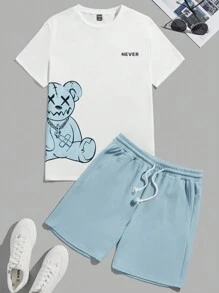 Manfinity VCAY Nam Bông Đồ họa chữ cái & Gấu Áo thun & Eo dây rút Quần short - Màu xanh nhạt - Xem 1