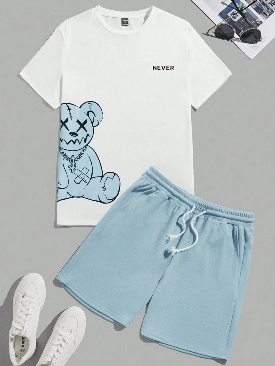 Manfinity VCAY Nam Bông Đồ họa chữ cái & Gấu Áo thun & Eo dây rút Quần short - Màu xanh nhạt - Xem 1