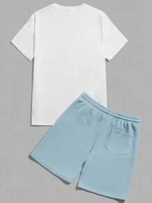 Manfinity VCAY Nam Bông Đồ họa chữ cái & Gấu Áo thun & Eo dây rút Quần short - Màu xanh nhạt - Xem 2