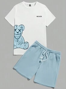 Manfinity VCAY Nam Bông Đồ họa chữ cái & Gấu Áo thun & Eo dây rút Quần short - Màu xanh nhạt - Xem 4