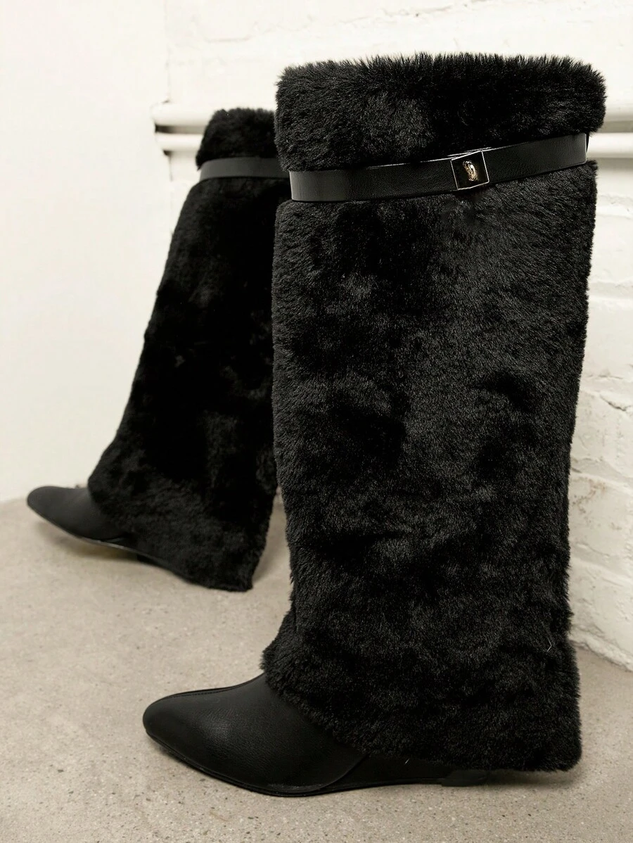 SHUZIA New Fashion Comfort Black Fur Boots Point Toe With Wedge Summer Shoes Spring Shoes Spring Break Easter For Christmas - Black - View 1