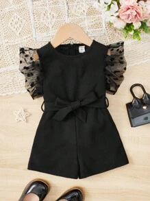 SHEIN 小女童拼接波點網紗荷葉邊腰帶連身短褲 - 黑色 - 查看 1