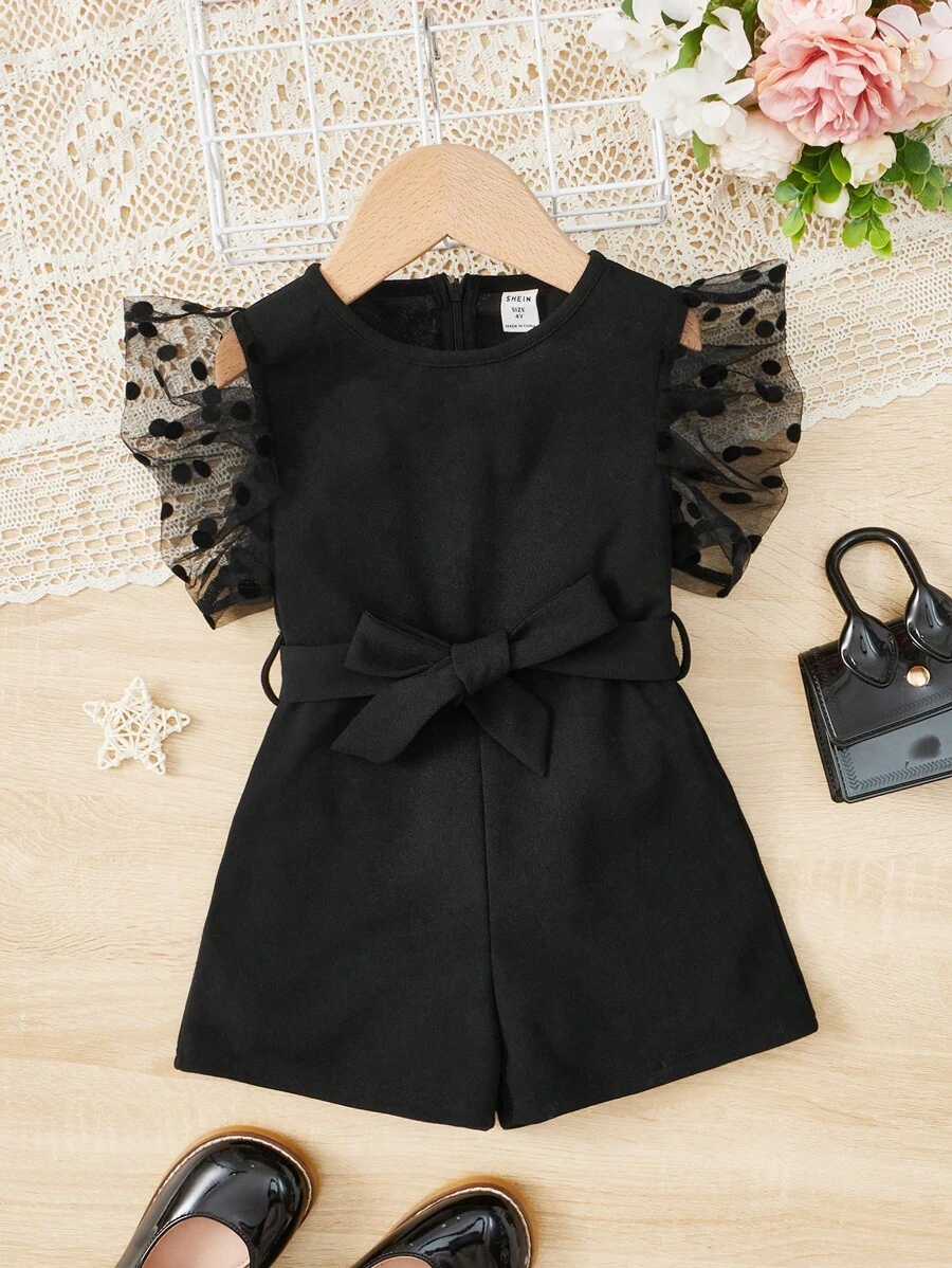 SHEIN 小女童拼接波點網紗荷葉邊腰帶連身短褲 - 黑色 - 查看 1