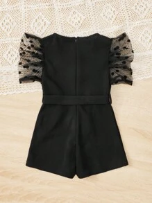 SHEIN 小女童拼接波點網紗荷葉邊腰帶連身短褲 - 黑色 - 查看 2