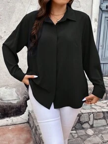 Vionelle Plus Size Women's Solid Color Long Sleeve Single-Breasted Casual Shirt - Black - View 1