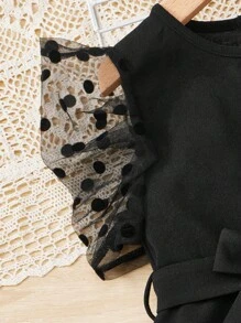 SHEIN 小女童拼接波點網紗荷葉邊腰帶連身短褲 - 黑色 - 查看 4