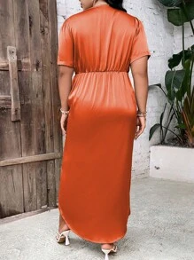 SHEIN Clasi 大碼前扭結圍裹洋裝 - 橘色 - 查看 2