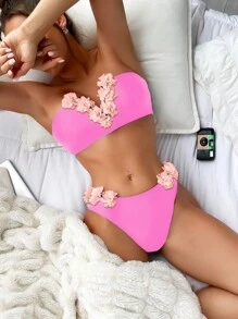 Appliques Bandeau Bikini Set For Summer Beach - Hot Pink - View 1