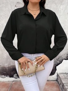 Vionelle Plus Size Women's Solid Color Long Sleeve Single-Breasted Casual Shirt - Black - View 6