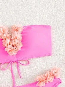 Appliques Bandeau Bikini Set For Summer Beach - Hot Pink - View 3