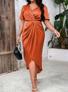 SHEIN Clasi 大碼前扭結圍裹洋裝 - 橘色 - 查看 6