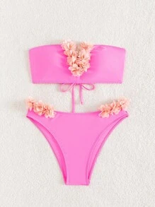 Appliques Bandeau Bikini Set For Summer Beach - Hot Pink - View 5